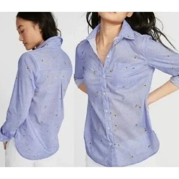 Old Navy Tops - OLD NAVY Button Up Shirt M The Classic Blue Striped Avocado Pineapple